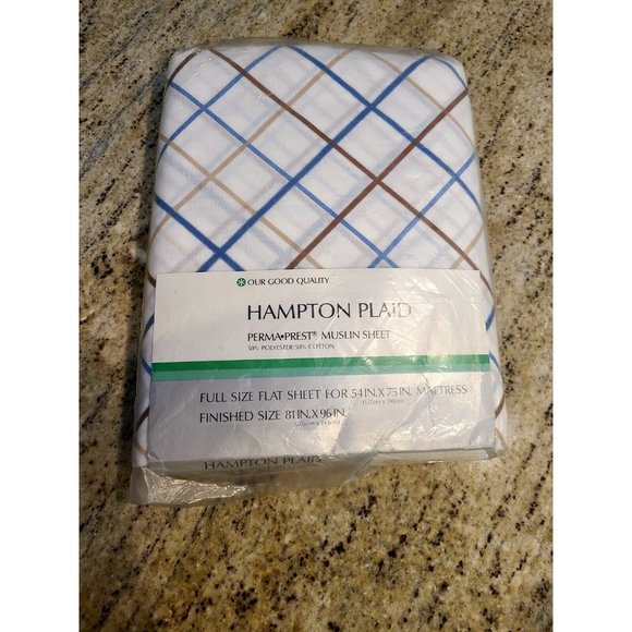 Vtg Sears Hampton Plaid  Full Flat Sheet Perma Prest Muslin 82X96 New Old Stock - Picture 2 of 8
